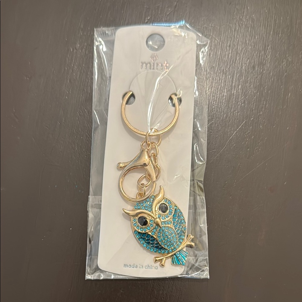 Gold and Blue Owl Bag Charm Keychain